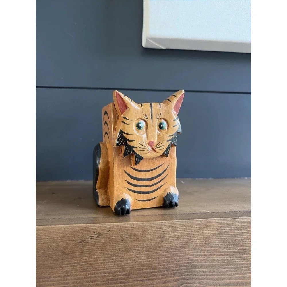 Hand Carved Wooden Cat Trinket Box Folk Art Kitty Storage Box‎ 5